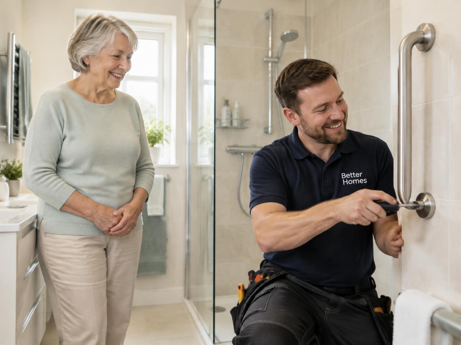 A SafeHome UK fitter installing a stainless steel grab rail in a bathroom while the homeowner looks on