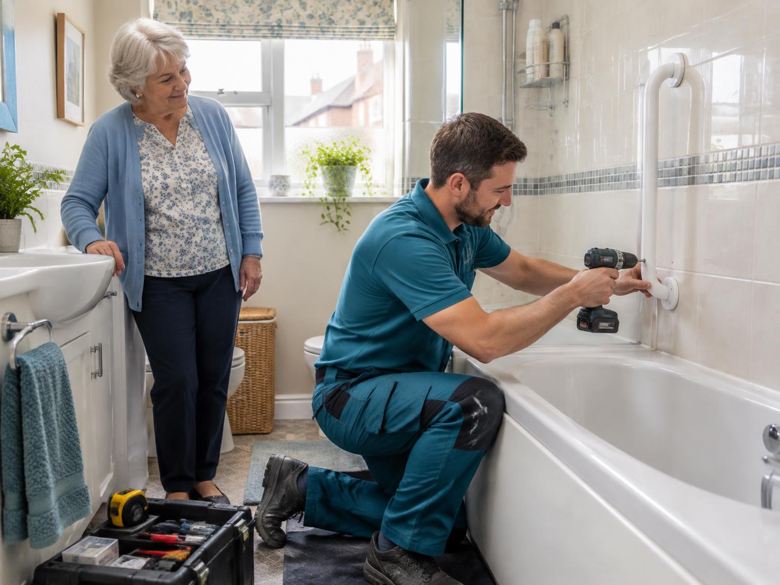 A fitter installing a bath grab rail while an older woman watches
